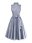 Graues 50er Oktoberfest-Dirndl mit Stehkragen und geometrischem Print