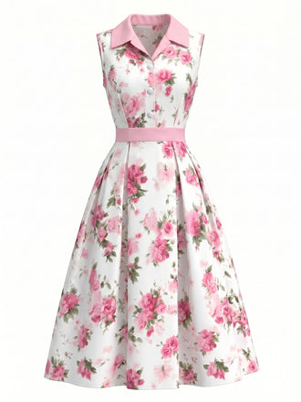 Rosa & Rosa 50er Ärmelloses Swingkleid mit Reverskragen und Knopf