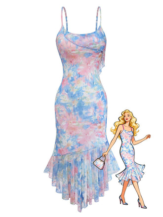 Blaues 30er Meerjungfrauenkleid mit Spaghettiträger und Blumen