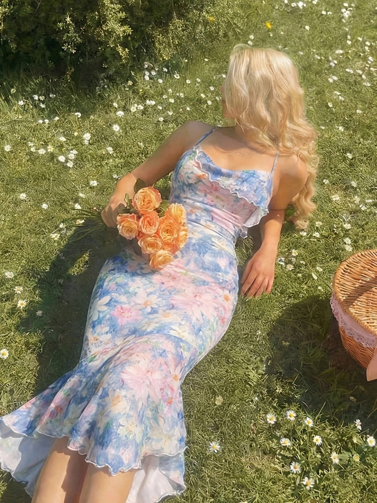 Blaues 30er Meerjungfrauenkleid mit Spaghettiträger und Blumen