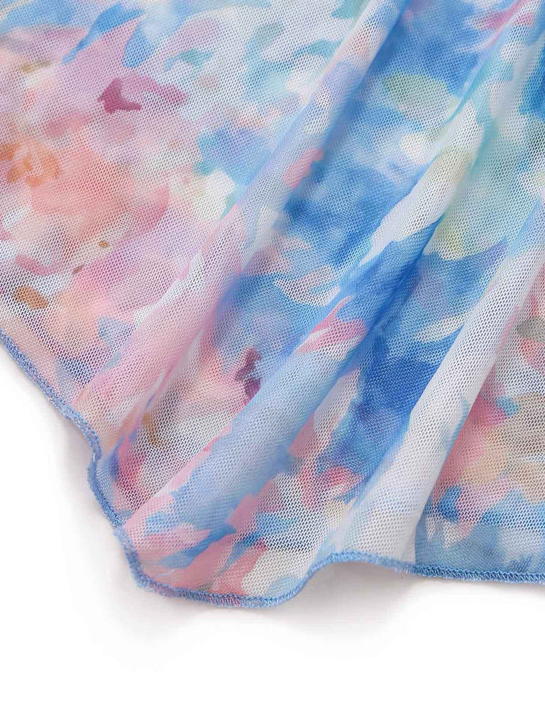 Blaues 30er Meerjungfrauenkleid mit Spaghettiträger und Blumen
