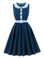 Marineblaues 50er Swingkleid mit Peter-Pan-Kragen und Gingham