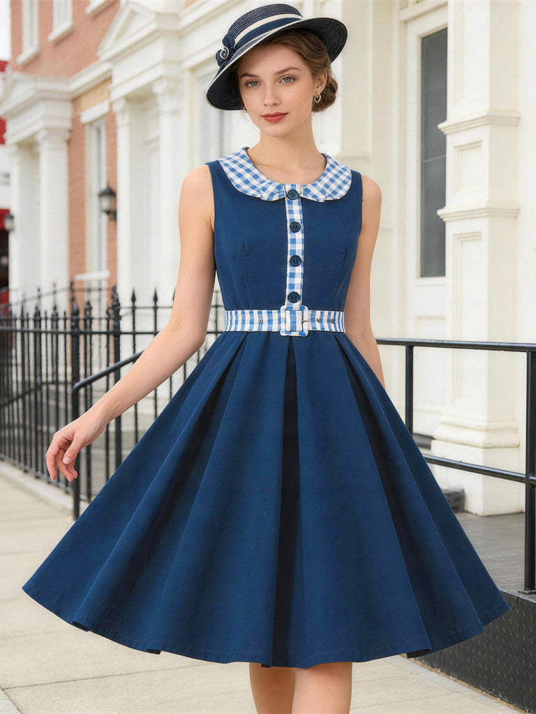 Marineblaues 50er Swingkleid mit Peter-Pan-Kragen und Gingham