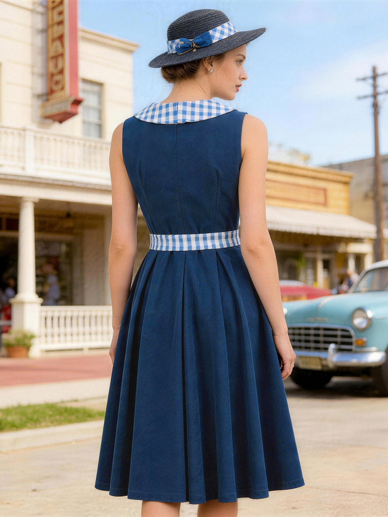 Marineblaues 50er Swingkleid mit Peter-Pan-Kragen und Gingham