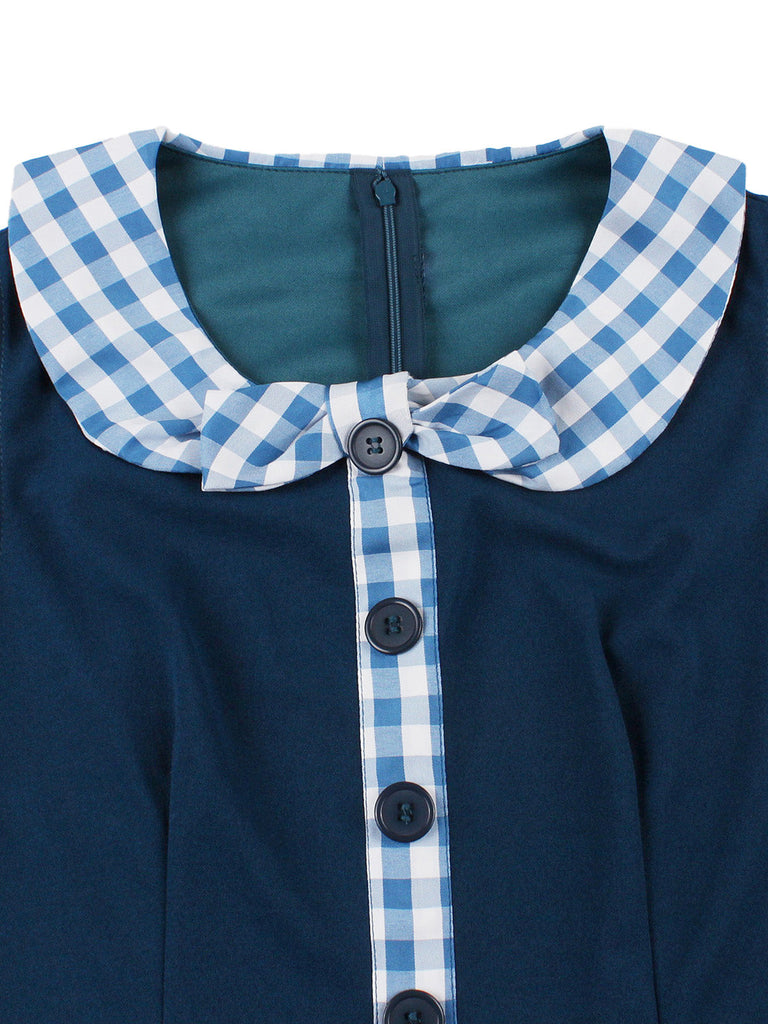 Marineblaues 50er Swingkleid mit Peter-Pan-Kragen und Gingham
