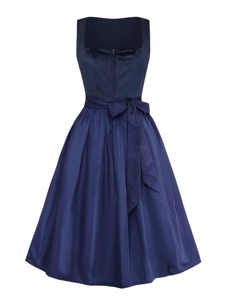 Dunkelblaues 50er Jacquard-Kleid mit Samt und Spitze