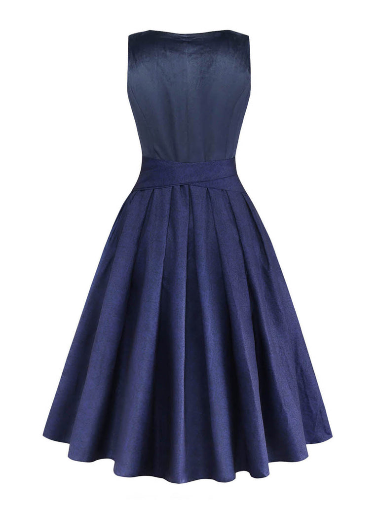 Dunkelblaues 50er Jacquard-Kleid mit Samt und Spitze