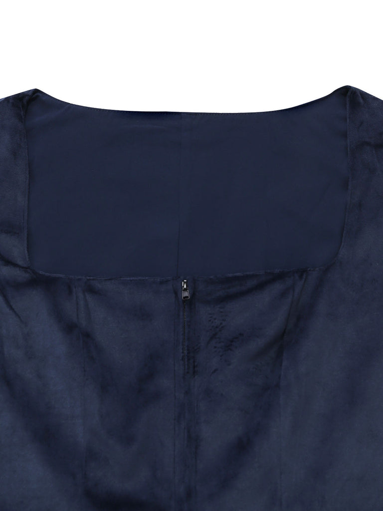 Dunkelblaues 50er Jacquard-Kleid mit Eckiger Ausschnitt und Samt