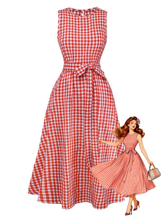 Rotes 50er Ärmelloses Swingkleid mit Gingham