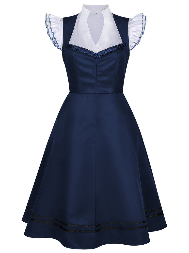 50er 3PCS Kleid mit Flatterärmel-Top und Satin-Schürze