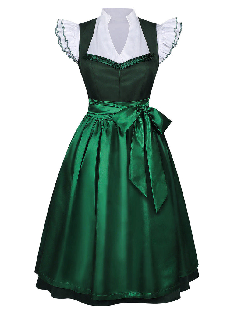 50er 3PCS Kleid mit Flatterärmel-Top und Satin-Schürze