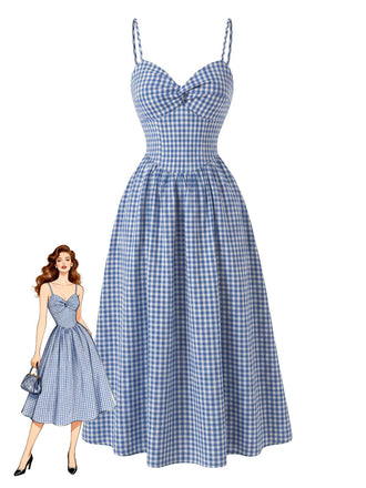 Blaues 40er Kleid mit Gingham und Spaghettiträgern