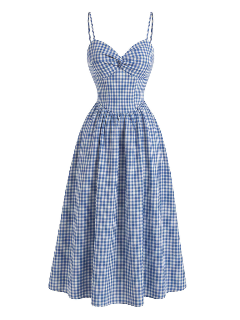 Blaues 40er Kleid mit Gingham und Spaghettiträgern