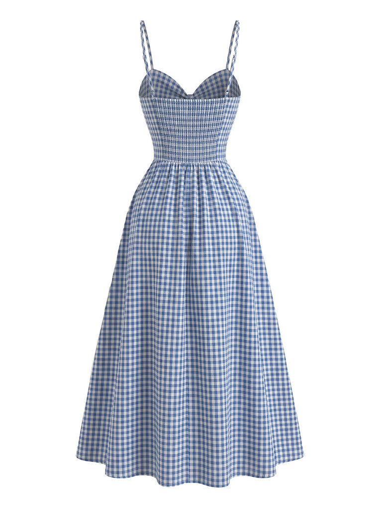 Blaues 40er Kleid mit Gingham und Spaghettiträgern