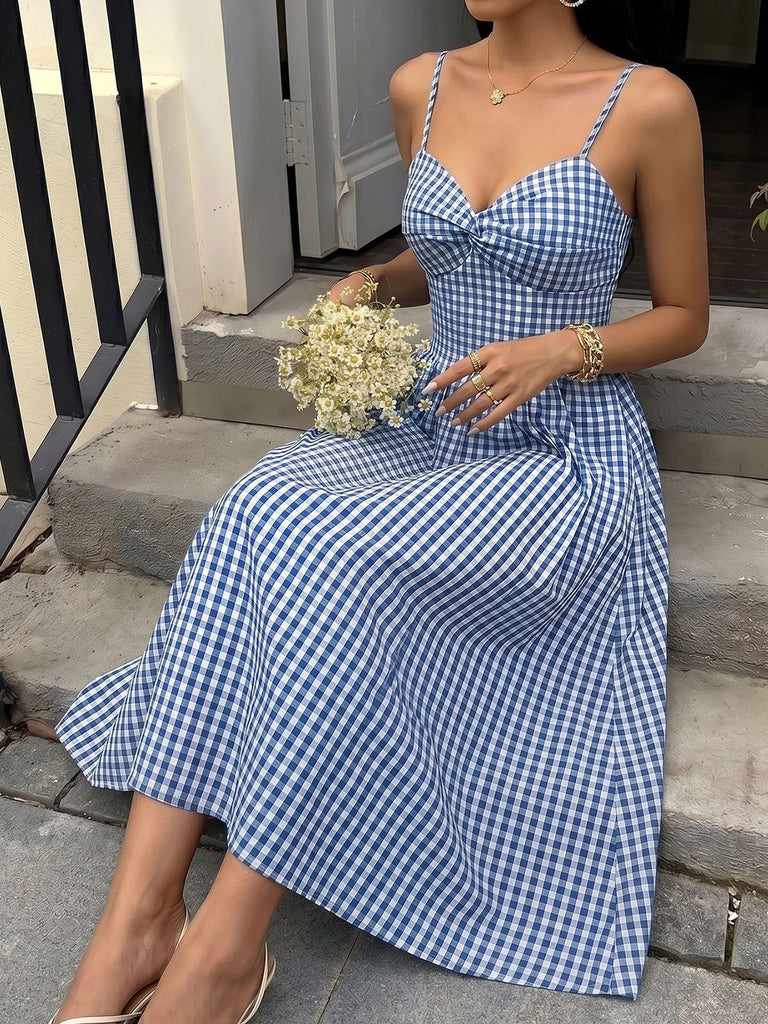 Blaues 40er Kleid mit Gingham und Spaghettiträgern