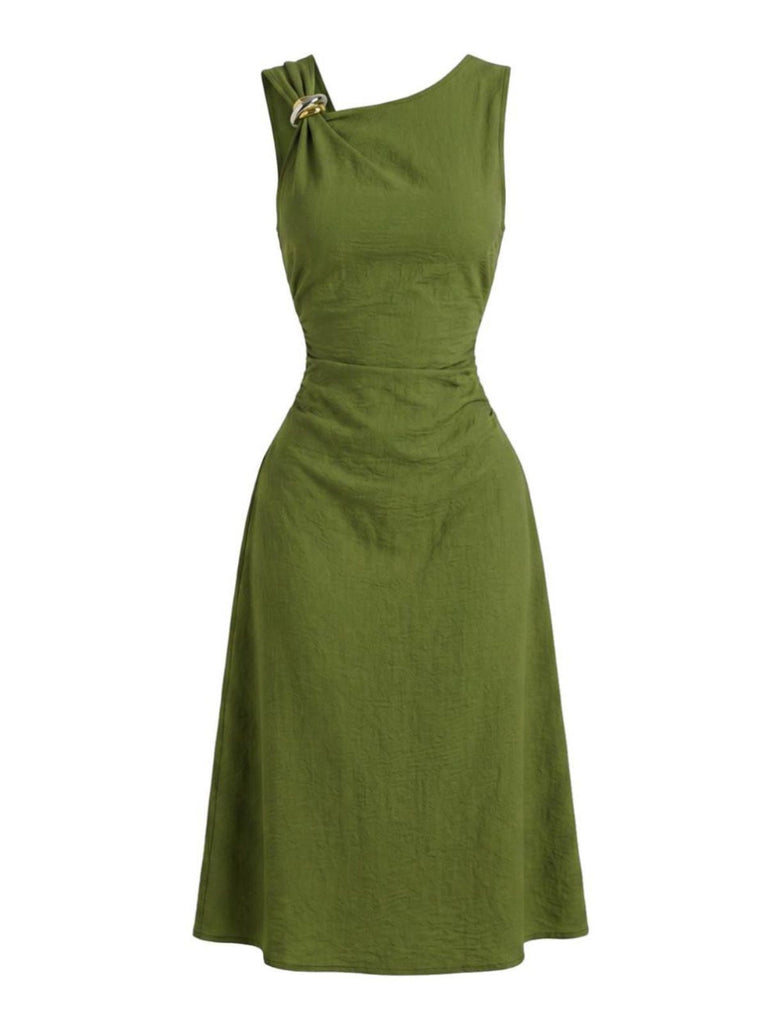 Grünes 60er Raffkleid mit Asymmetrisch und Schnalle