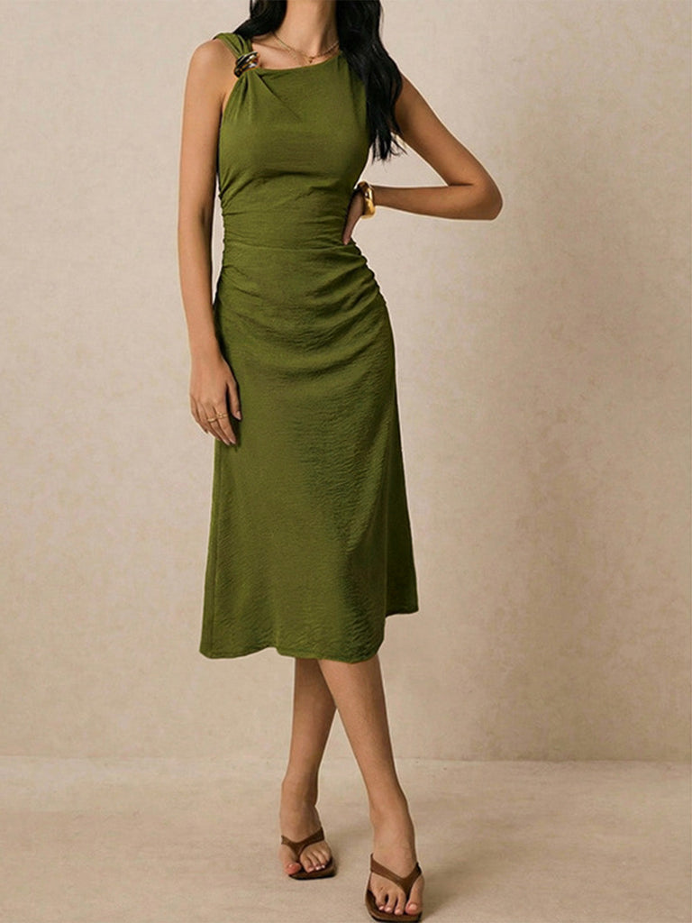Grünes 60er Raffkleid mit Asymmetrisch und Schnalle