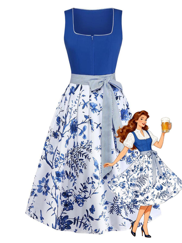 Blaues 50er 2PCS Kleid mit Blumen-Schürze