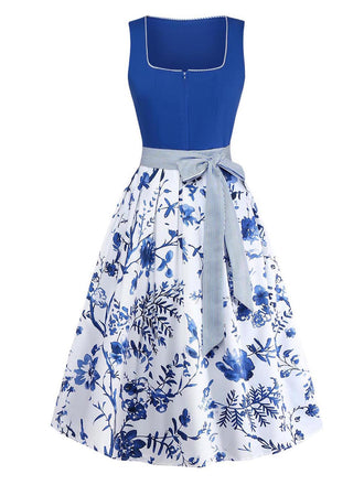 Blaues 50er 2PCS Kleid mit Blumen-Schürze