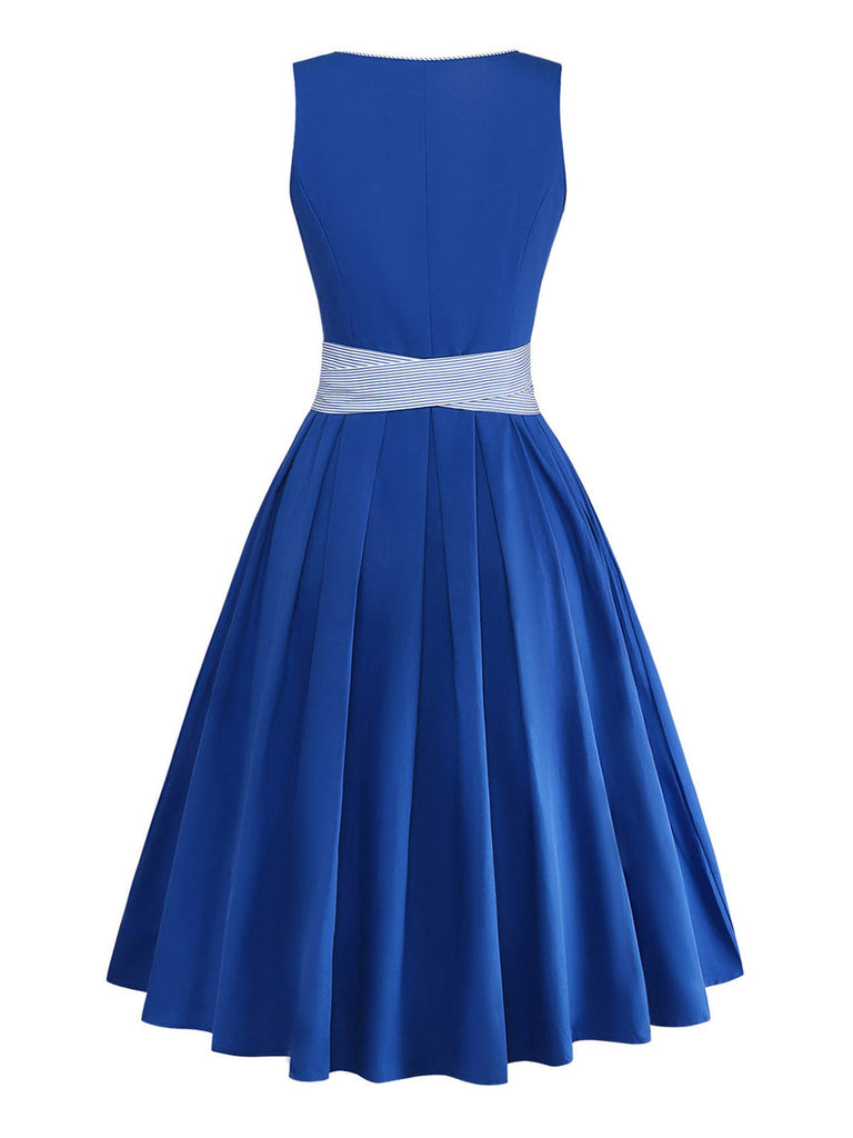 Blaues 50er 2PCS Kleid mit Blumen-Schürze