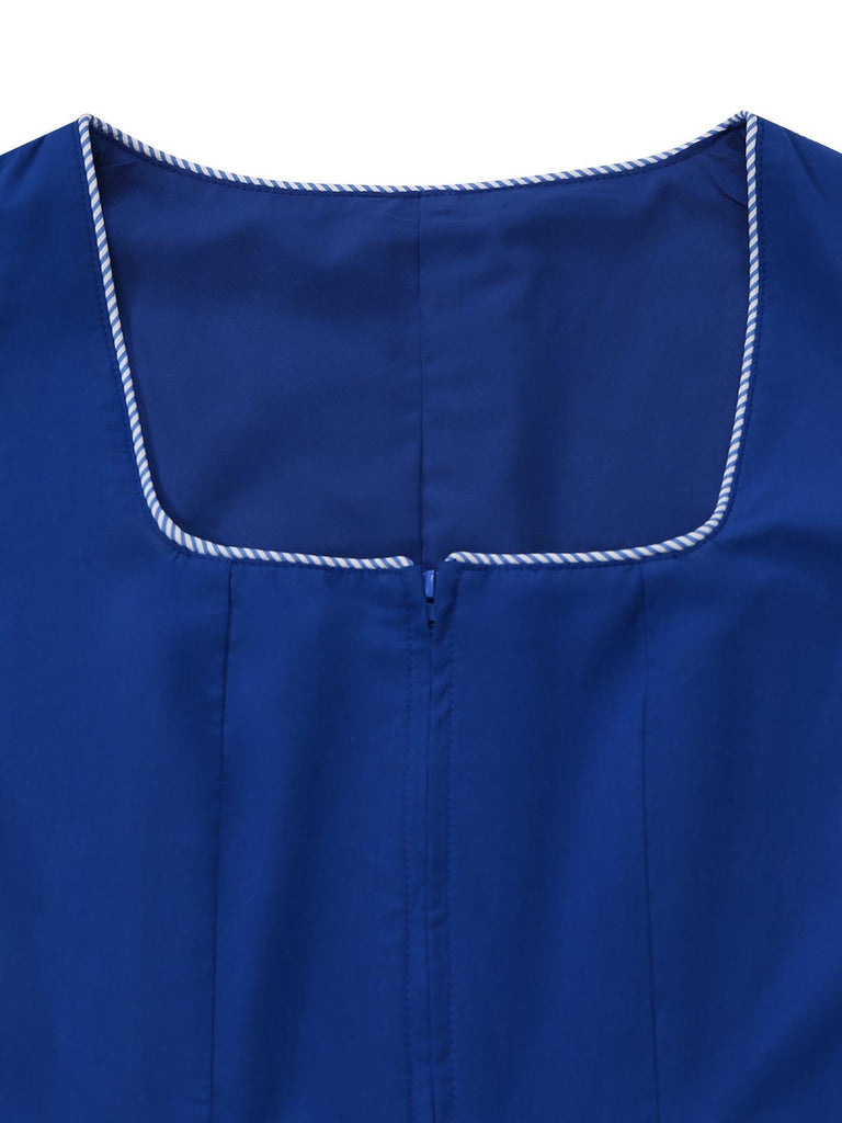 Blaues 50er 3PCS Kleid mit Blumen-Schürze