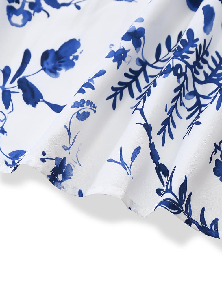 Blaues 50er 3PCS Kleid mit Blumen-Schürze