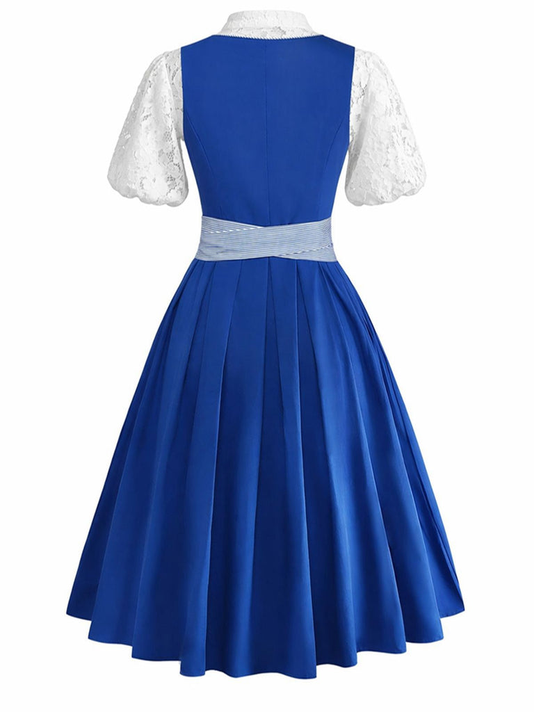 Blaues 50er 3PCS Kleid mit Blumen-Schürze