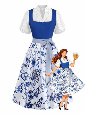 Blaues 50er 3PCS Kleid mit Blumen-Schürze