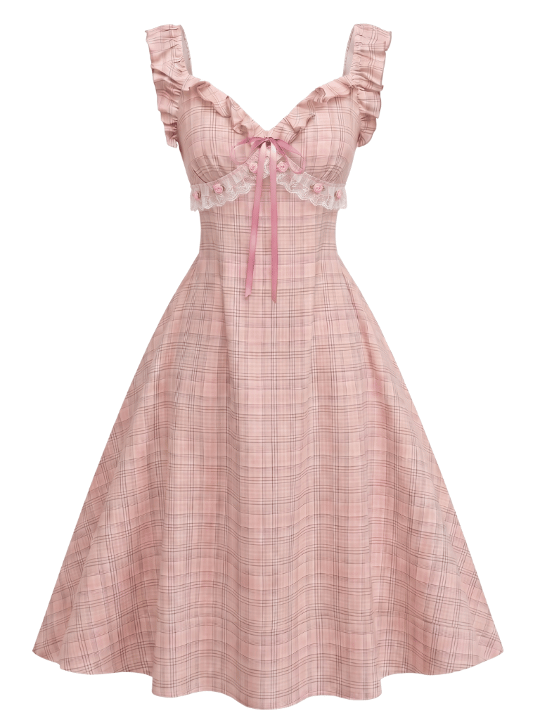 Rosa 50er Kleid mit Karo und Rüschenärmeln