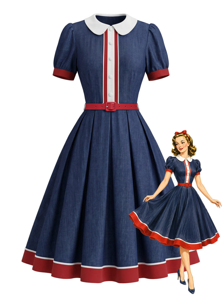 Marineblaues 50er Swingkleid mit Peter-Pan-Kragen