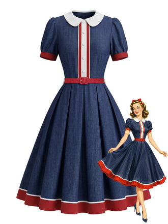 Marineblaues 50er Swingkleid mit Peter-Pan-Kragen