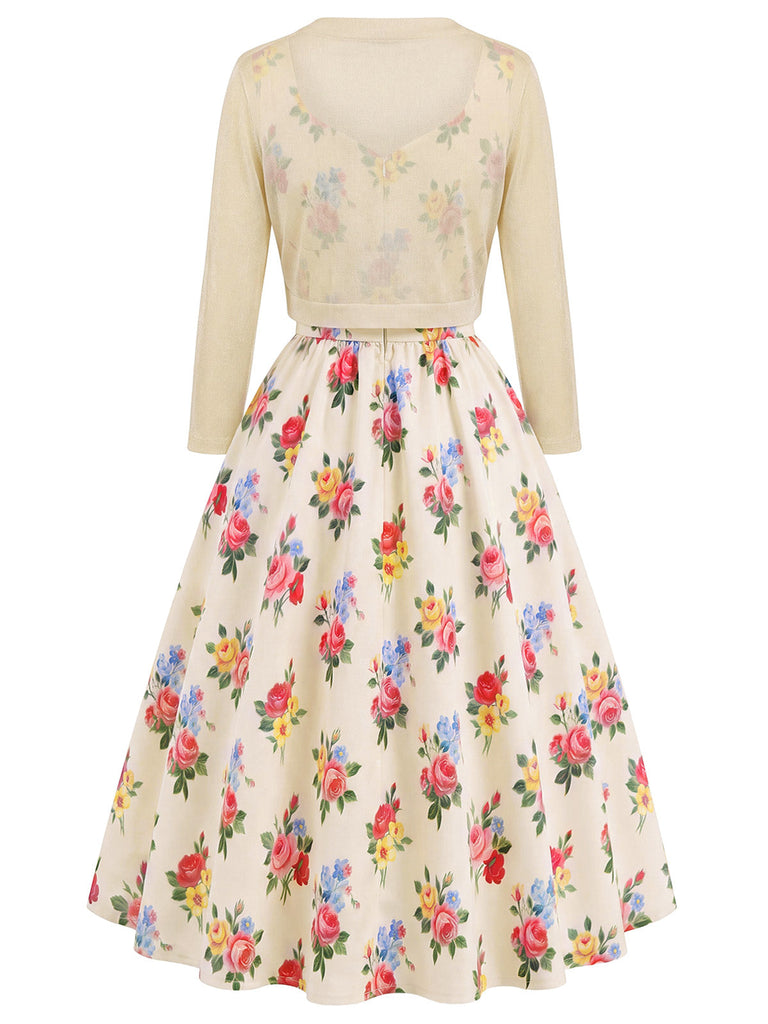 Cremefarbenes 40er Bolero & Kleid Set mit Blumen