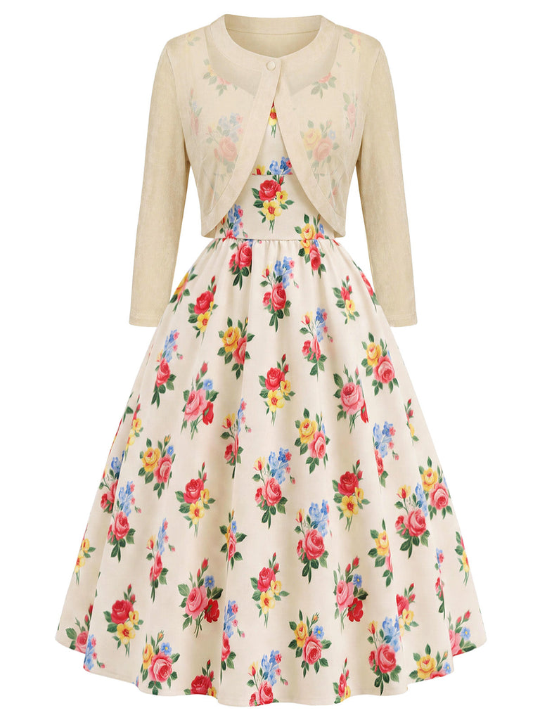 Cremefarbenes 40er Bolero & Kleid Set mit Blumen