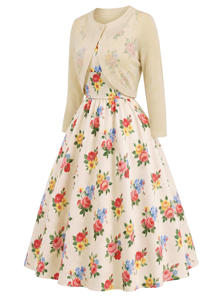 Cremefarbenes 40er Bolero & Kleid Set mit Blumen