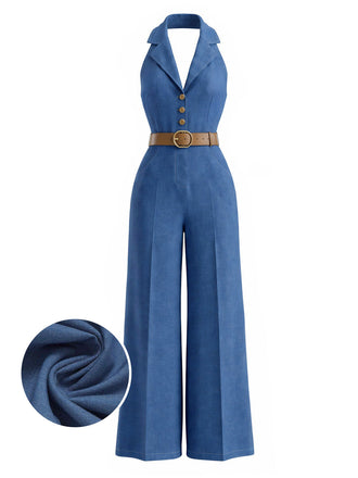 Dunkelblauer 70er Jeans-Jumpsuit mit Gürtel