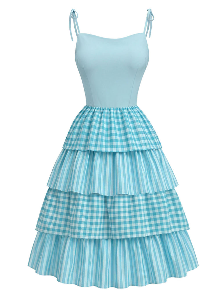 Blaues 50er Baumwoll-Kleid mit Gingham und Bindeband