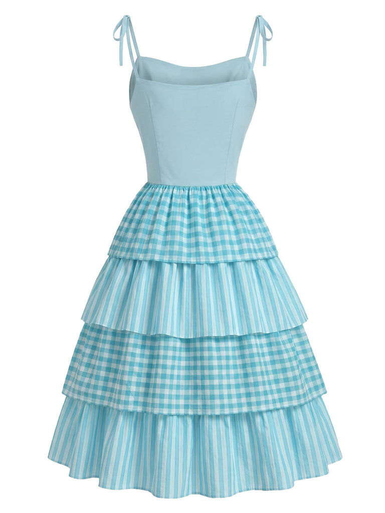 Blaues 50er Baumwoll-Kleid mit Gingham und Bindeband