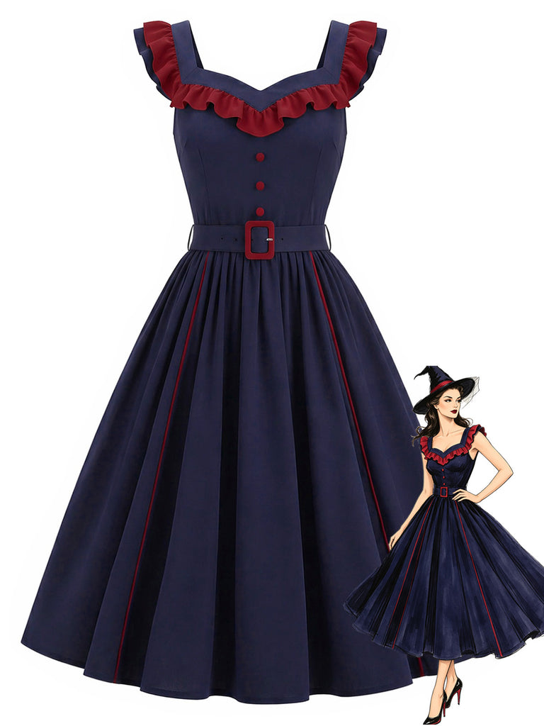 [Vorverkauf] Dunkelblaues 80er Swingkleid mit Rüschen und Gürtel
