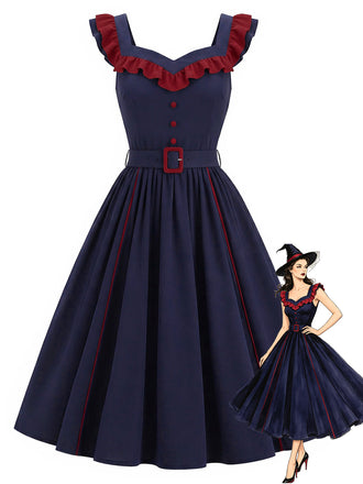 [Vorverkauf] Dunkelblaues 80er Swingkleid mit Rüschen und Gürtel
