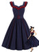 [Vorverkauf] Dunkelblaues 80er Swingkleid mit Rüschen und Gürtel