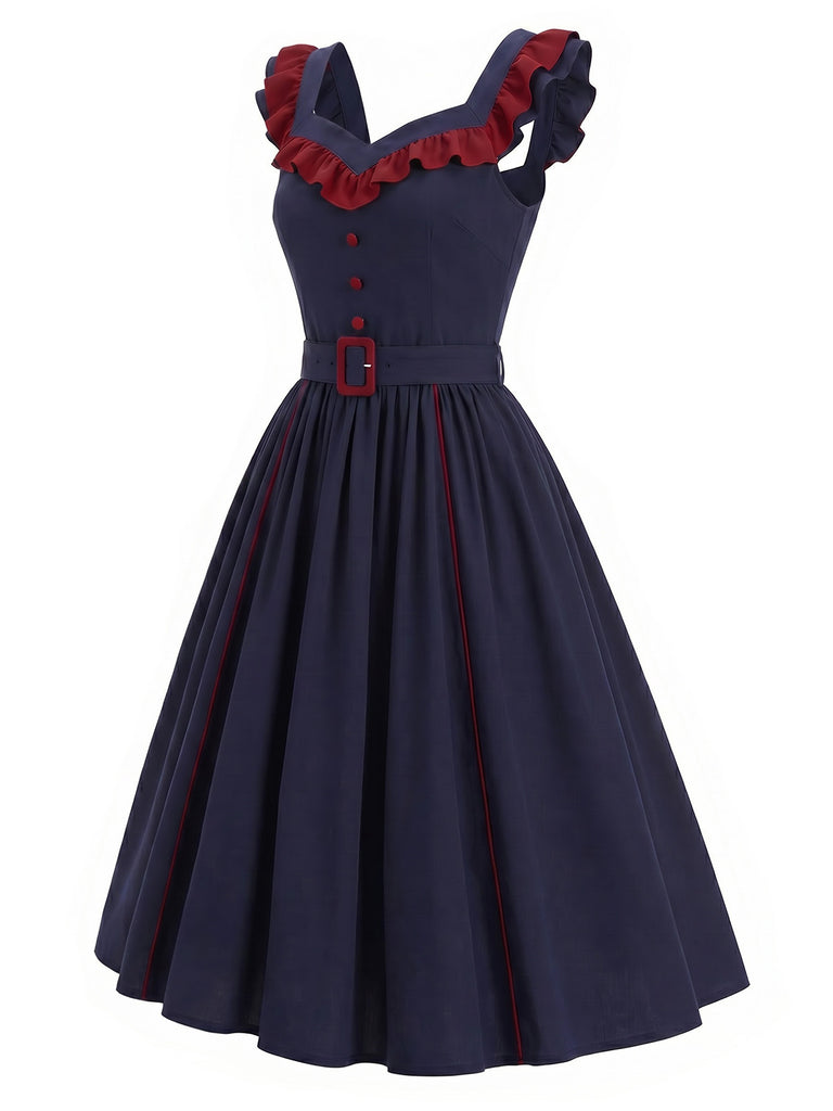 [Vorverkauf] Dunkelblaues 80er Swingkleid mit Rüschen und Gürtel
