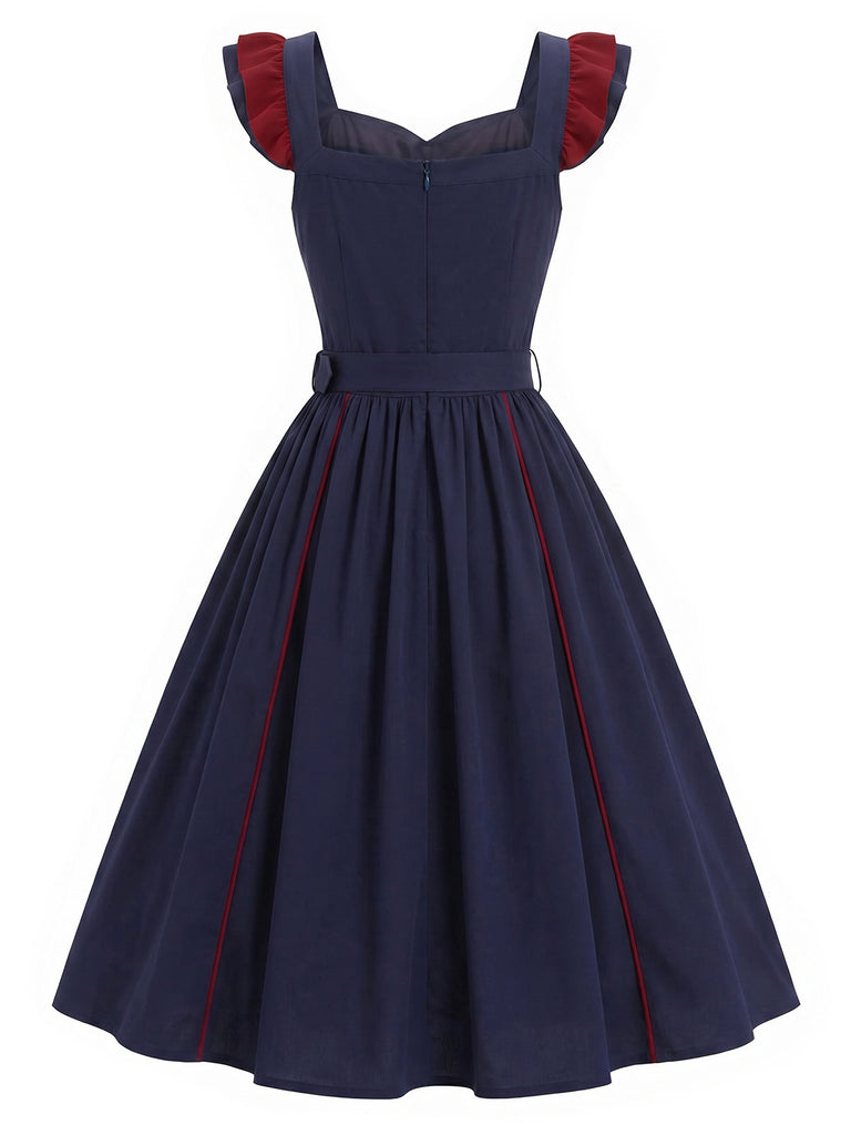 [Vorverkauf] Dunkelblaues 80er Swingkleid mit Rüschen und Gürtel