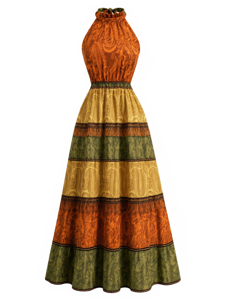 Senfgelbes 70er Kleid mit Neckholder und Rüschen
