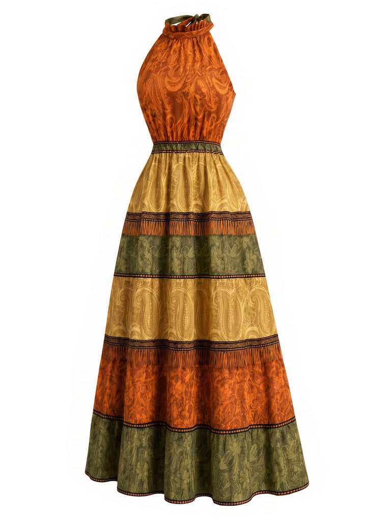 Senfgelbes 70er Kleid mit Neckholder und Rüschen