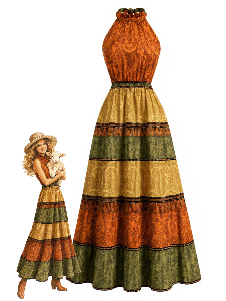 Senfgelbes 70er Kleid mit Neckholder und Rüschen
