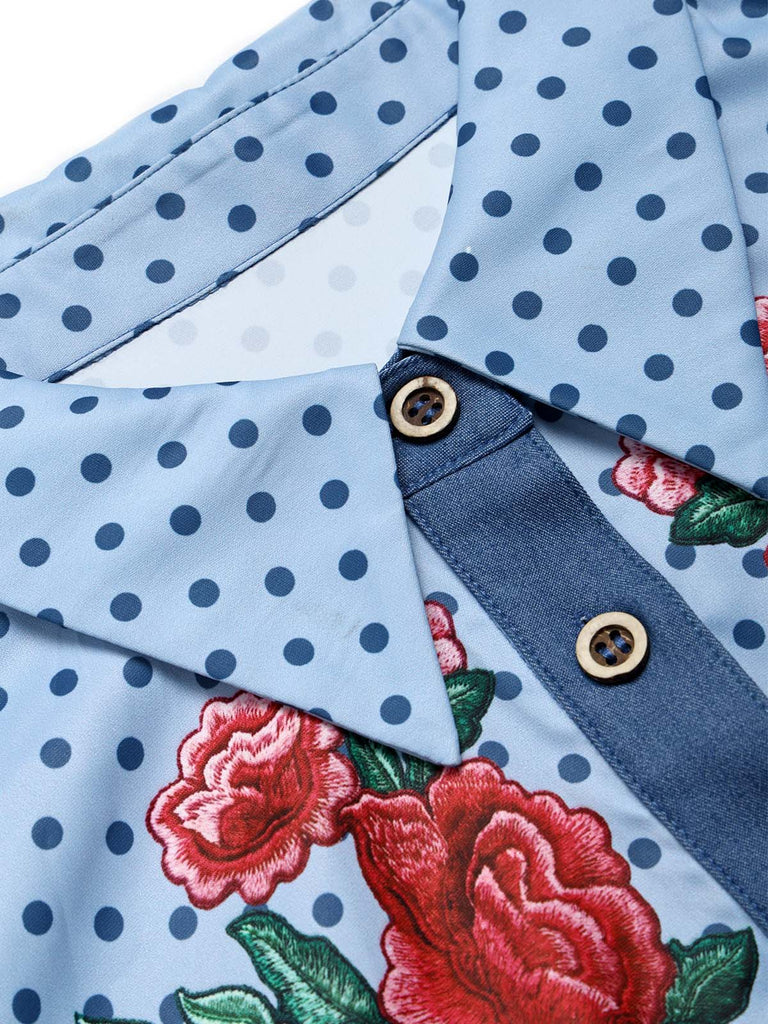 Dunkelblaues 60er Jeanskleid mit Rosen und Rüschen