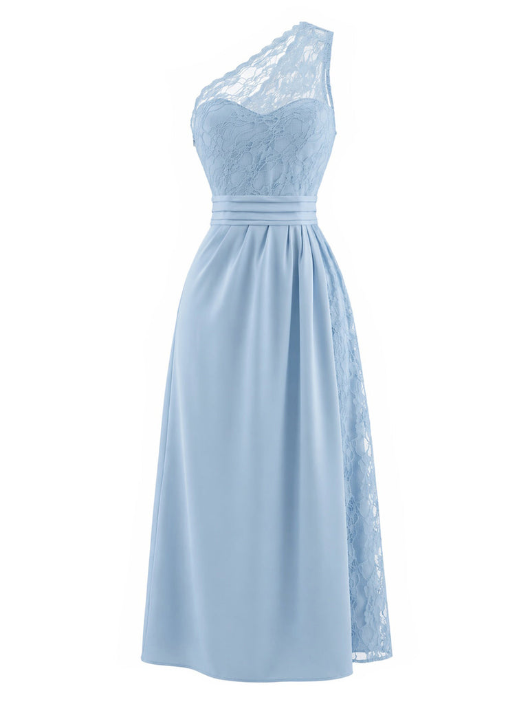Hellblaues 60er Spitzenkleid mit One-Shoulder