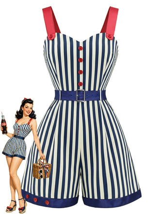Blauer & Roter 50er Romper mit Farbblock und Streifen