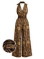 [Vorverkauf] Brauner 70er Boho-Jumpsuit mit Blumen und Neckholder