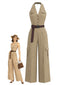 [Vorverkauf] Hellbrauner 40er Cargo-Jumpsuit mit Neckholder und V-Ausschnitt